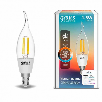 Лампа светодиодная диммируемая филаментная Gauss Smart Home Filament E14 4,5W 2000-6500K прозрачная 1280112