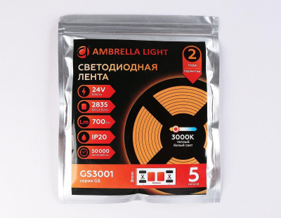 Светодиодная лента Ambrella Light 6W/m 60LED/m 2835SMD теплый белый 5M GS3001