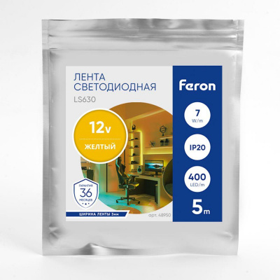 Светодиодная лента Feron 7W/m 400LED/m COB желтый 5М LS630 48950