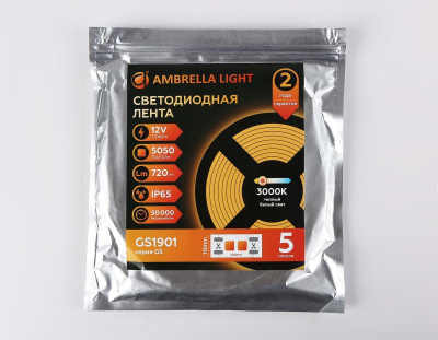 Светодиодная влагозащищенная лента Ambrella Light 7,2W/m 30LED/m 5050SMD теплый белый 5M GS1901