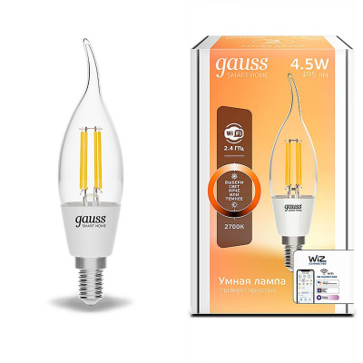 Лампа светодиодная диммируемая филаментная Gauss Smart Home Filament E14 4,5W 2700K прозрачная 1260112