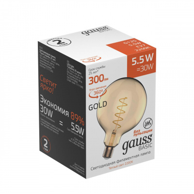 Лампа светодиодная филаментная Gauss E27 5,5W 2200K золотая 1111246