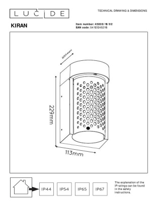 Уличный настенный светодиодный светильник Lucide Kiran 45800/10/02