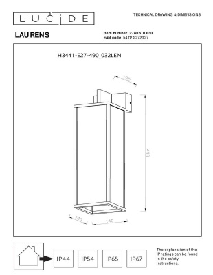 Уличный настенный светильник Lucide Laurens 27806/01/30