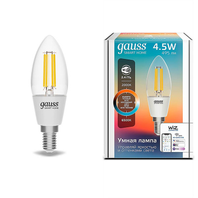 Лампа светодиодная диммируемая филаментная Gauss Smart Home Filament E14 4,5W 2000-6500K прозрачная 1280112