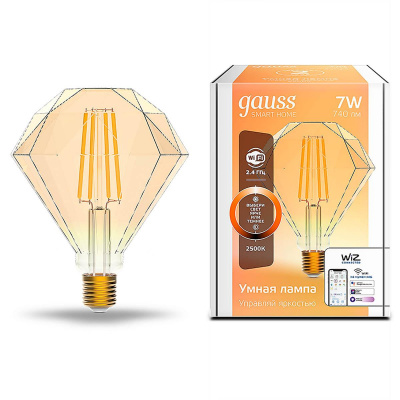 Лампа светодиодная диммируемая филаментная Gauss Smart Home Filament Diamond E27 7W 2500K золотистая 1350112