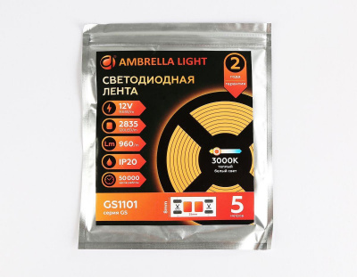 Светодиодная лента Ambrella Light 9,6W/m 120LED/m 2835SMD теплый белый 5M GS1101